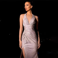 Cross-Border New Sexy Slit Dress, Fashionable and Elegant V-Neck Halter Neck Shimmering Dress Gown