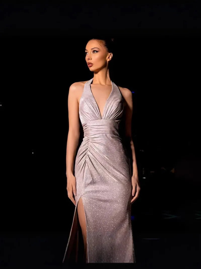 Cross-Border New Sexy Slit Dress, Fashionable and Elegant V-Neck Halter Neck Shimmering Dress Gown