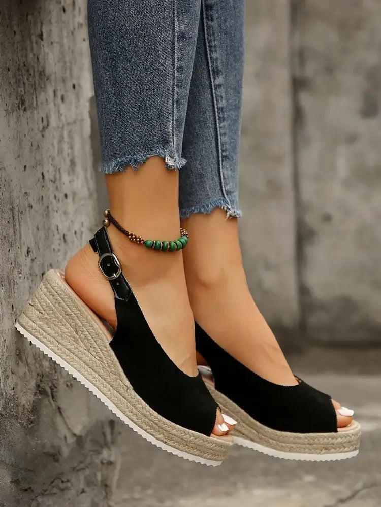 Women's Platform Sandals Summer New Large Size Fish Mouth Slope Heel Stones Pattern Shoes Thick Bottom Clog Casual Slip-On