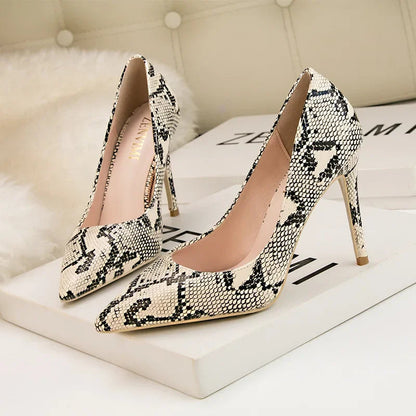 Sexy Snake Print 10CM high heels women luxury Fashion Pointed Toe Heeled sandals elegant Shallow Pumps Party Dress Shoes Natalia Home Fashion    Natalia Home Fashion