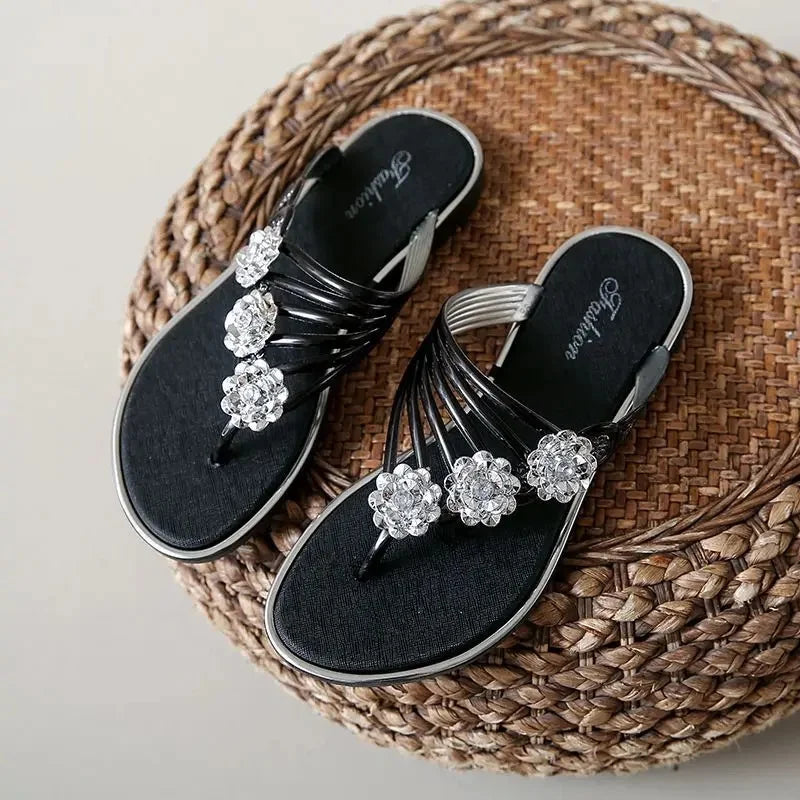 Women's Flat Sandals Summer Outdoor Beach Shoes Silver Clip Board Slippers with Three Flowers And Sequins PVC Material - Natalia Home Fashion