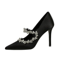 Elegant French Style High Heels Women's Satin Pointed Toe Shoes with Water Diamond Decoration Thin Heel Single Shoes