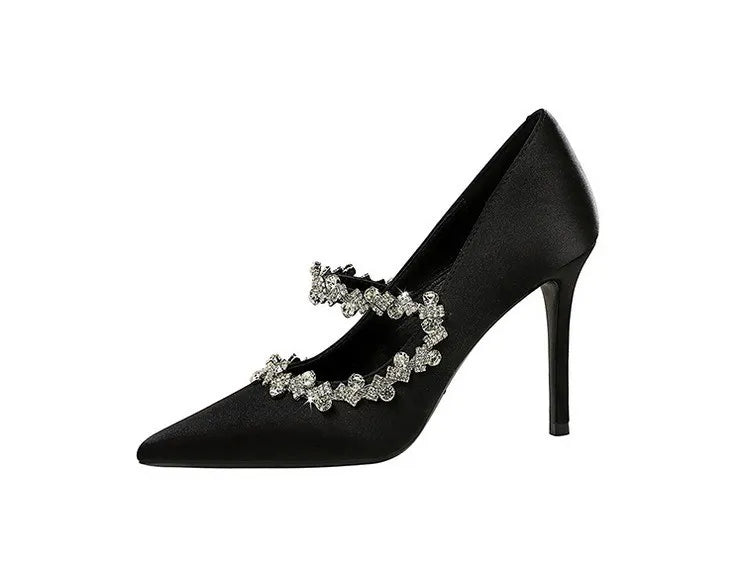 Elegant French Style High Heels Women's Satin Pointed Toe Shoes with Water Diamond Decoration Thin Heel Single Shoes