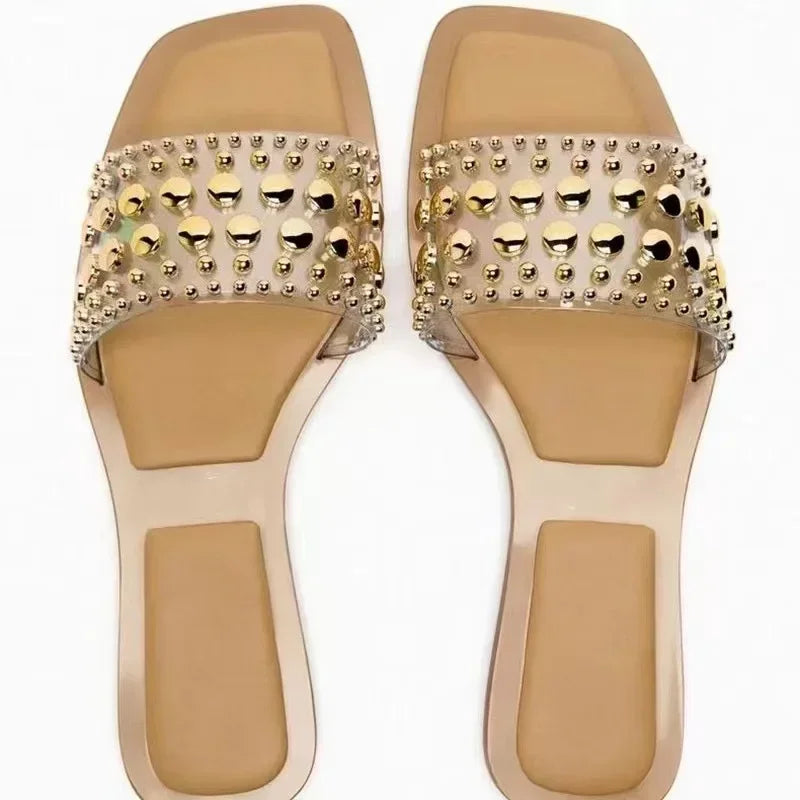 Women's Shoes PVC Transparent Riveted Casual Flat Open Toe Beach Slides Trend Brand Design Big Size Ladies Slippers - Natalia Home Fashion