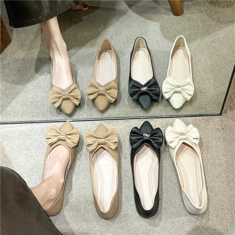 Soft Bottom Flat Casual Women's Shoes Butterfly Knot Slip-On Simple Design Shoes  Synthetic Leather