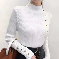 Half High Neck Sweater Women's New Style Pullover Knit Sweater with Button Up Long Sleeves Slim Fit Tight Fitting Bottom Shirt