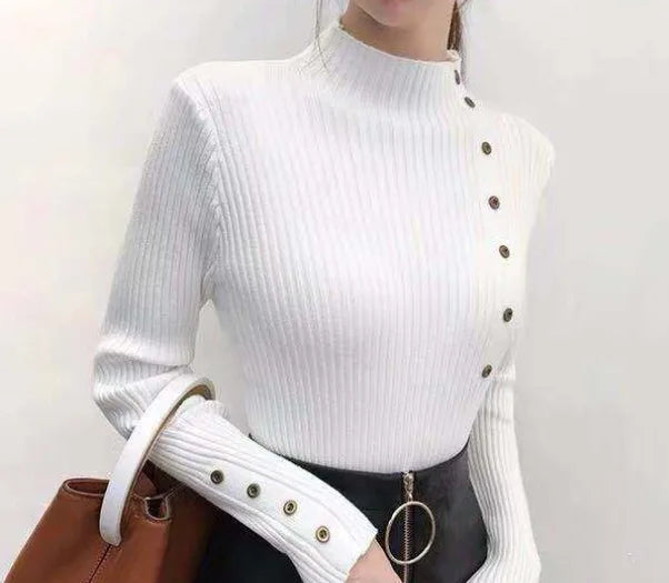 Half High Neck Sweater Women's New Style Pullover Knit Sweater with Button Up Long Sleeves Slim Fit Tight Fitting Bottom Shirt