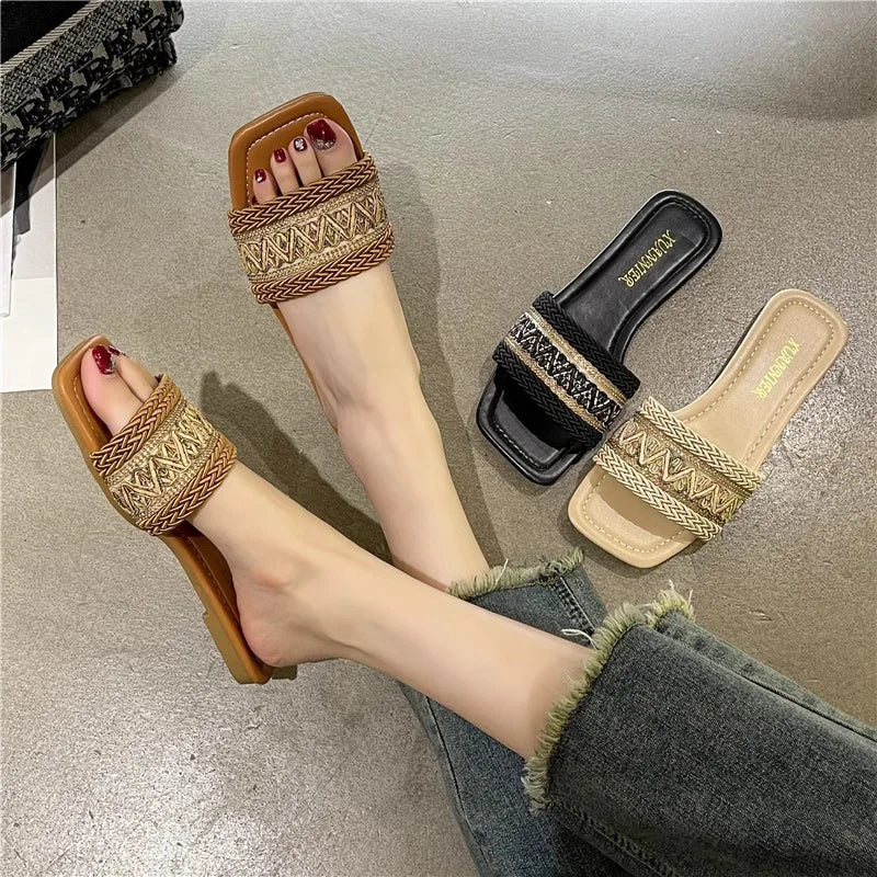 Fashion Women's Slippers Versatile Straw Woven Retro Flat Sandals Ethnic Casual Classic Flip Flops