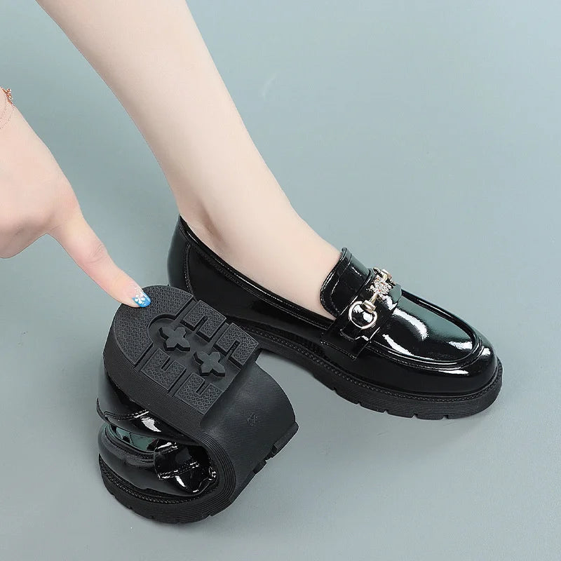 Women's Mary Jane Platform Shoes Round  Head Spring New Metal Chain Casual Soft Patent Leather Slip on Loafers