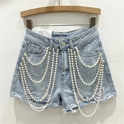 Denim Summer Shorts for Women's Bottoms Pearls Fashion Casual Shorts