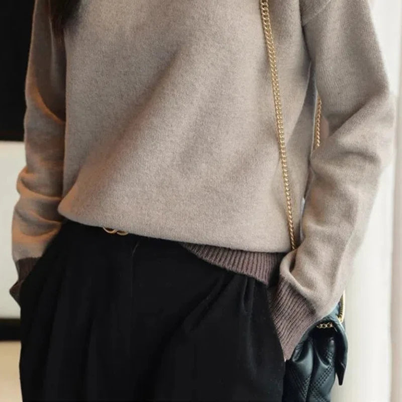 Sweaters Women Contrast Color Button Patchwork Chic Long Sleeve Loose Pullovers Knitted Tops