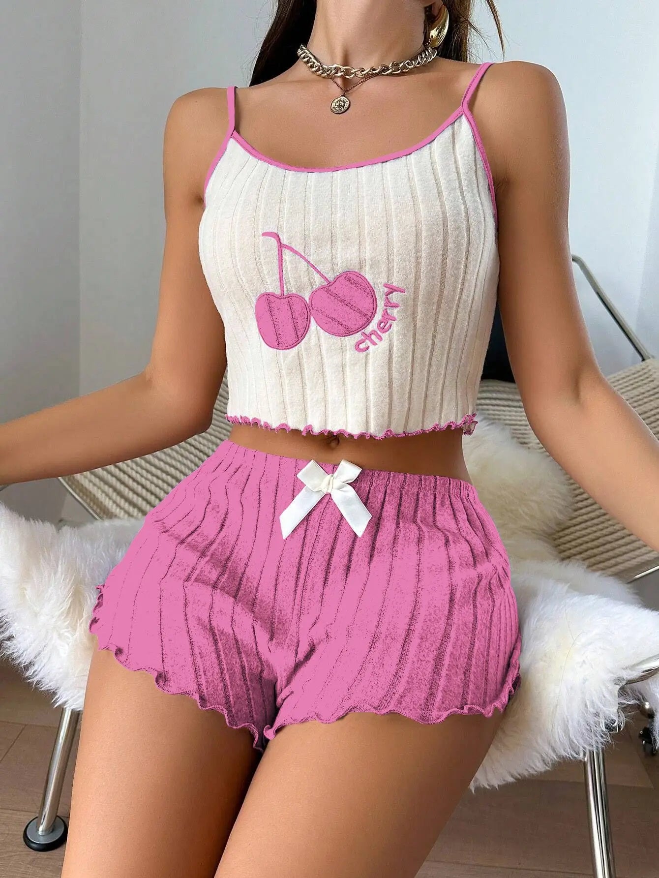 2 pcs Pajamas Set for Women Casual Simple Ground Wool Halter Vest Shorts Set Home Wear Sleepwear Lounger wear