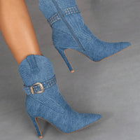 Denim Winter Women's Pointed Sexy Side Zipper, Thin Heel, Ultra High Heel, Leg Show, Long Fashion Short Boots for Women