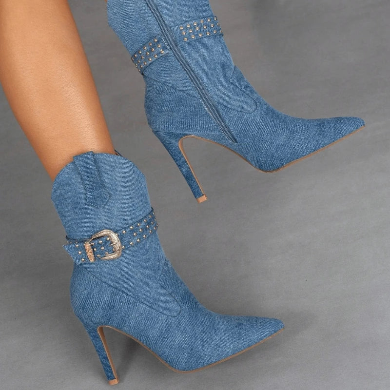 Denim Winter Women's Pointed Sexy Side Zipper, Thin Heel, Ultra High Heel, Leg Show, Long Fashion Short Boots for Women