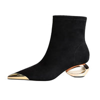 Street Style Fur Metal Hollow Heel Modern Faux Suede Short Boots for Women Metal Pointed Toe Low Heel Boots Female