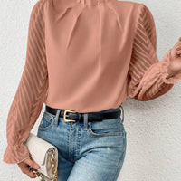 Elegant Blouse White Women's Shirt 2024 New Half High Neck Spliced Wave Pattern Chiffon Long sleeved Top Office Lady Natalia Home Fashion   coralline-XL Natalia Home Fashion