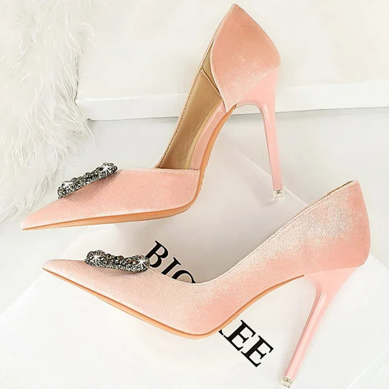 Women 10.5cm Super High Heels Pointed Toe Side Hollow Work Pumps Metal Crystal Buckle Velvet Stiletto Fashion Banquet Lady Shoes