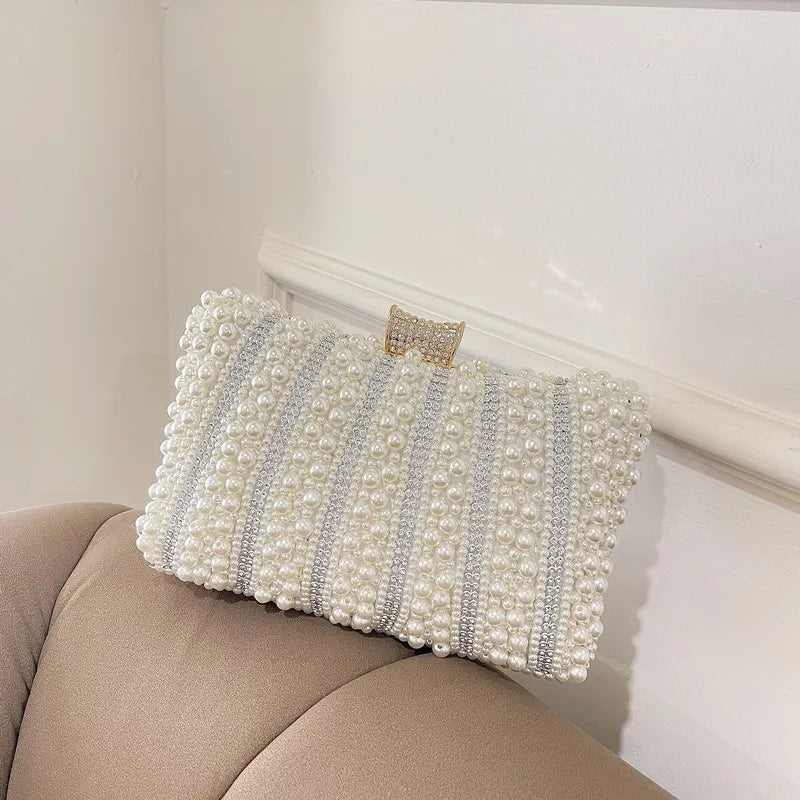 Vintage Pearl Women Handbag Diamond Evening Bag Luxury Wedding Bridal Ladies Clutch Chain White Shoulder Dress Dinner Bag