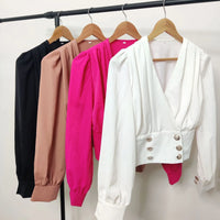 Women's Sexy V-neck Long Sleeved Short Waist Wrapped Bubble Sleeve Solid Shirt