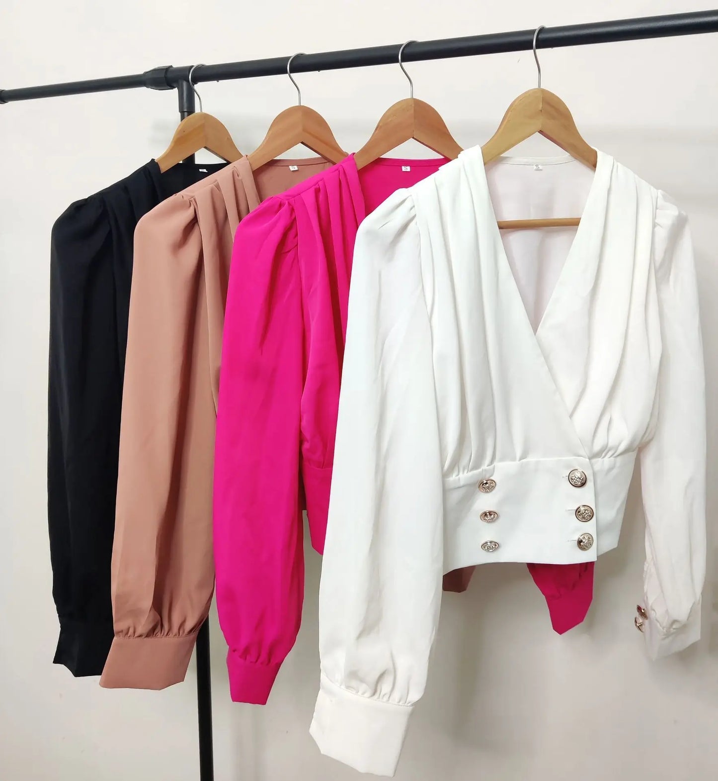 Women's Sexy V-neck Long Sleeved Short Waist Wrapped Bubble Sleeve Solid Shirt