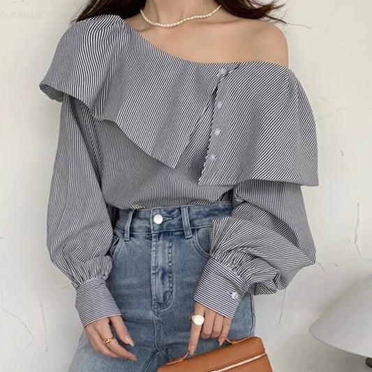 Irregular Ruffle Edge Exposed Single Shoulder Striped Shirts Women Chemise Femme Top Blouse