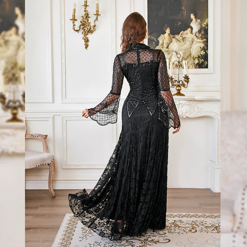 Black Lace Mermaid Elegant Evening Dress for Women High Neck Long Sleeve Sequins Party Dresses Prom Gowns Wedding