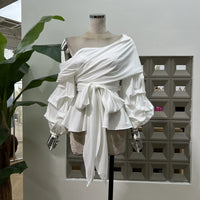 Women's Asymmetric Off-Shoulder Crop-Top Irregular Bow-Waist Puff-Sleeve Party Evening Top