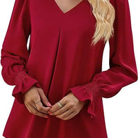Fashion Simple Solid Color Pullover Shirt Women Loose V-neck Flared Sleeve Shirts Top Female Elegant Commuting Clothing