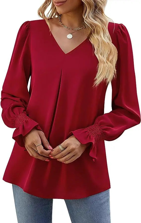 Fashion Simple Solid Color Pullover Shirt Women Loose V-neck Flared Sleeve Shirts Top Female Elegant Commuting Clothing