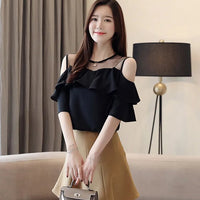 Loose Women's Chiffon Shirt round Neck Pure Color Mesh Five Sleeve Transparent Top Fashionable Small Shirt