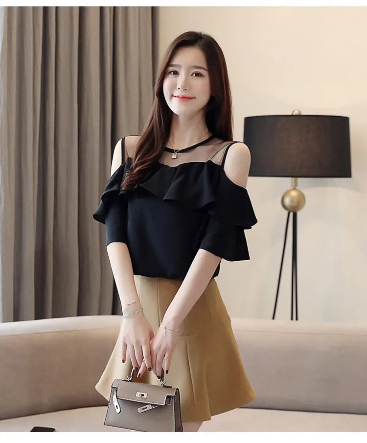 Loose Women's Chiffon Shirt round Neck Pure Color Mesh Five Sleeve Transparent Top Fashionable Small Shirt