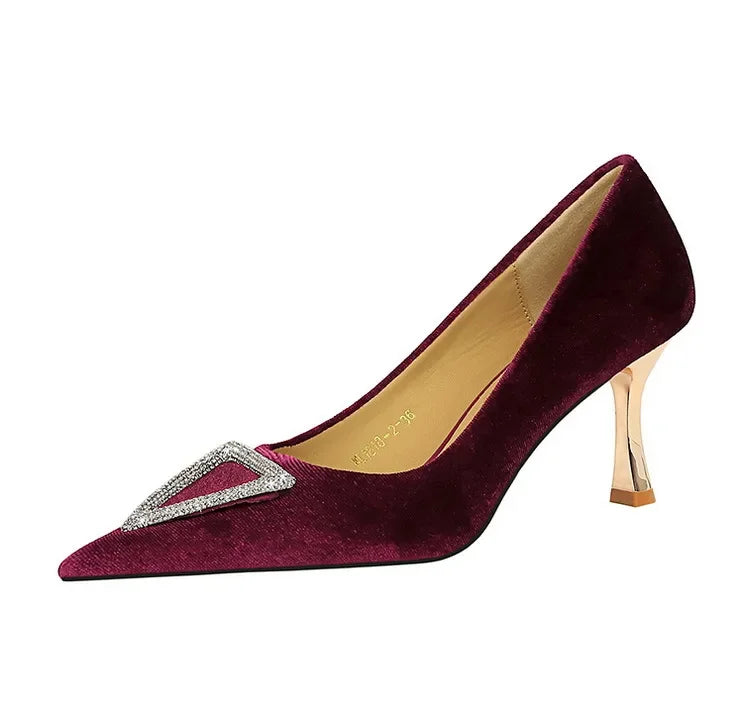 Designer Women Heels Prom Pumps Lady Velvet Pointed Toe 7cm Thin High Heels Pearl Crystal Buckle Shoes
