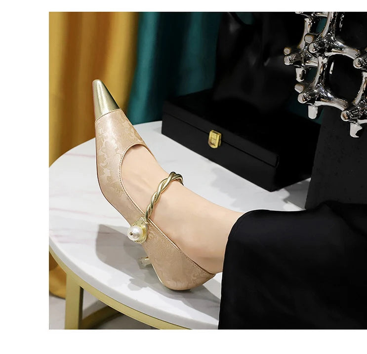 Metal Decoration Buckle Strap Women's Low Thin Heels Pumps Pointed Toe Wedding Party Shoes