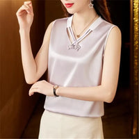 Elegant V Neck Solid Beaded Shirt Fashion Sleeveless Satin Blouse for Woman Loose Casual Silk Top Blouse
