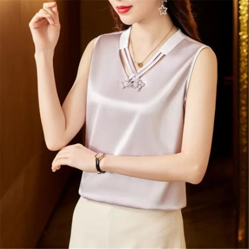 Elegant V Neck Solid Beaded Shirt Fashion Sleeveless Satin Blouse for Woman Loose Casual Silk Top Blouse
