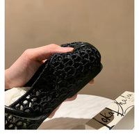 Round Toe Mary Jane Shoes Leather Grape Pattern Retro Style Hollow Weave Upper Low Heel Slip-On Retro Flats