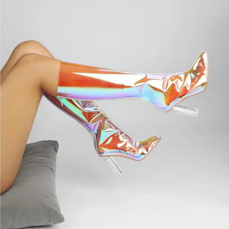 Women Knee High Boots, Transparent PVC Long, Sexy Pole Dance Shoes, Pointed Toe, Colorful