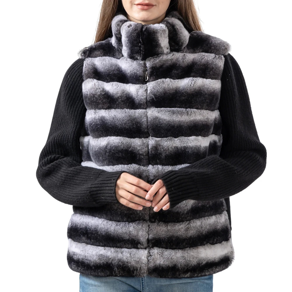 Real Rex Rabbit Fur Winter Coat Women Thick Warm Stand Collar Knitting Jacket Lady Fashion Outwear - Natalia Home Fashion