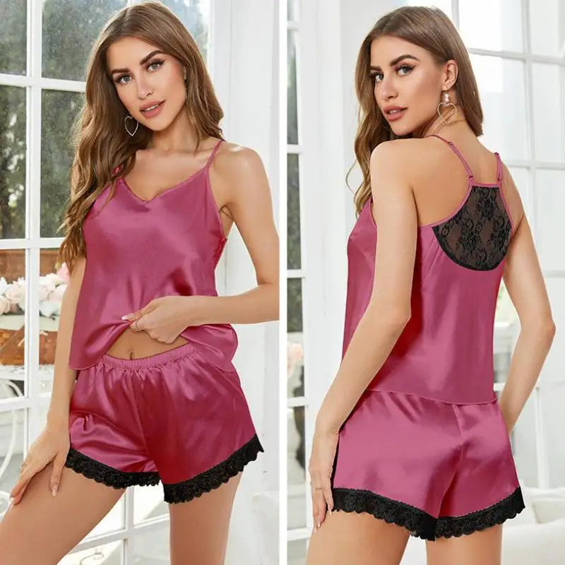 2Pcs Pajamas Sleep Set Home Clothes Women Sexy Lace Strap shorts Pajamas Suit Satin Sleepwear Nightwear Loungewear