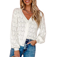Women's Lightweight Crochet Cropped Cardigan Knitted Hollow Out V Neck Long Sleeve Button up Bolero Shrug Sweater