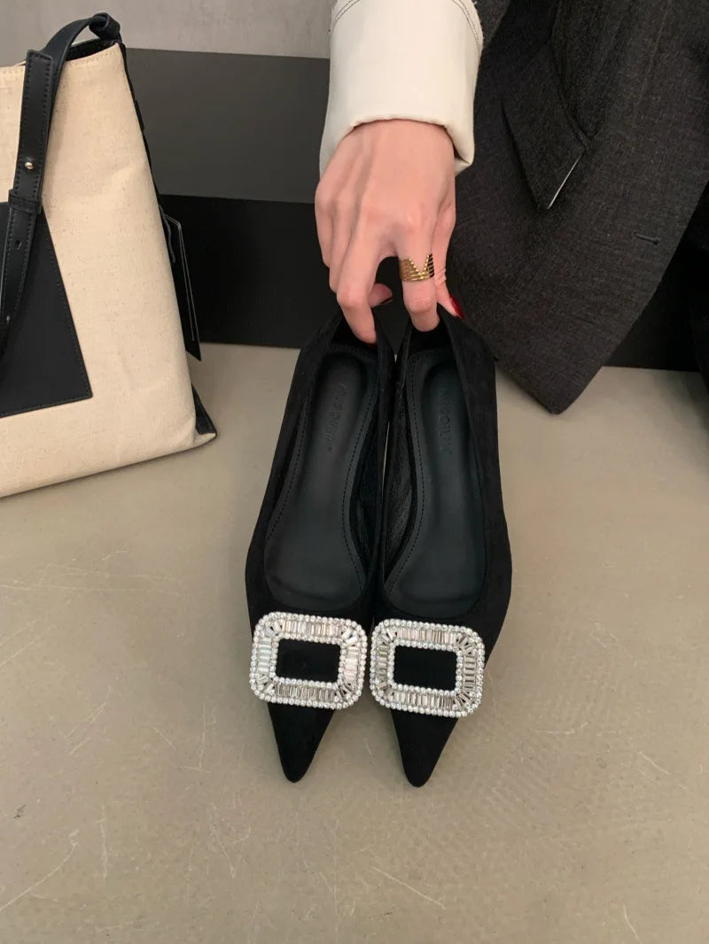 Elegant Retro Pointed Toe High Heels Thin Heel Women's Shoes Comfortable Diamond Embellished Low Cut Fashionable Footwear