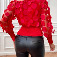 Fashion Women's Shirt Floral Pattern Shirred Sheer Mesh Patch Long Sleeve Off The Shoulder Gigot Sleeve Top
