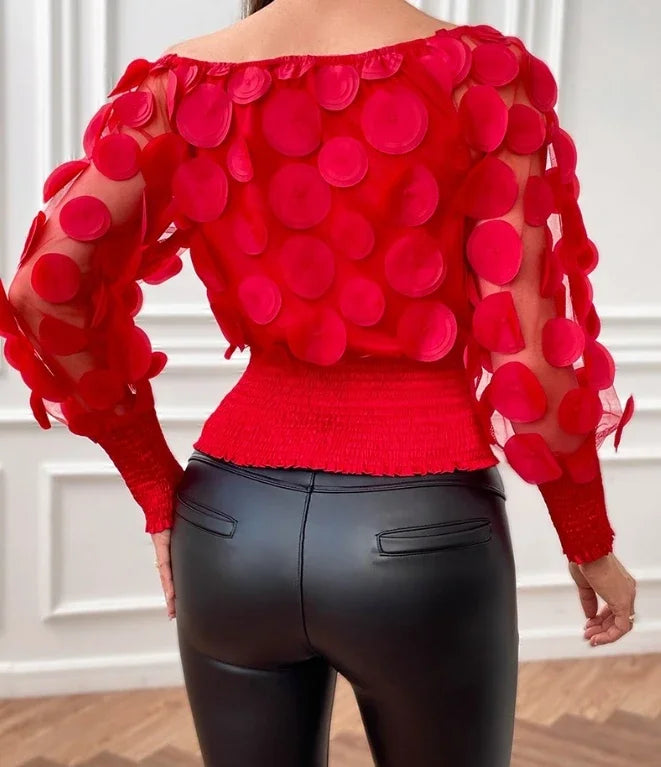 Fashion Women's Shirt Floral Pattern Shirred Sheer Mesh Patch Long Sleeve Off The Shoulder Gigot Sleeve Top