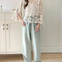 Round Neck Lace Shirt Women's Summer Floral Print Tie Dotted Cotton Blend Full Sleeve Slim Fit Button up Top