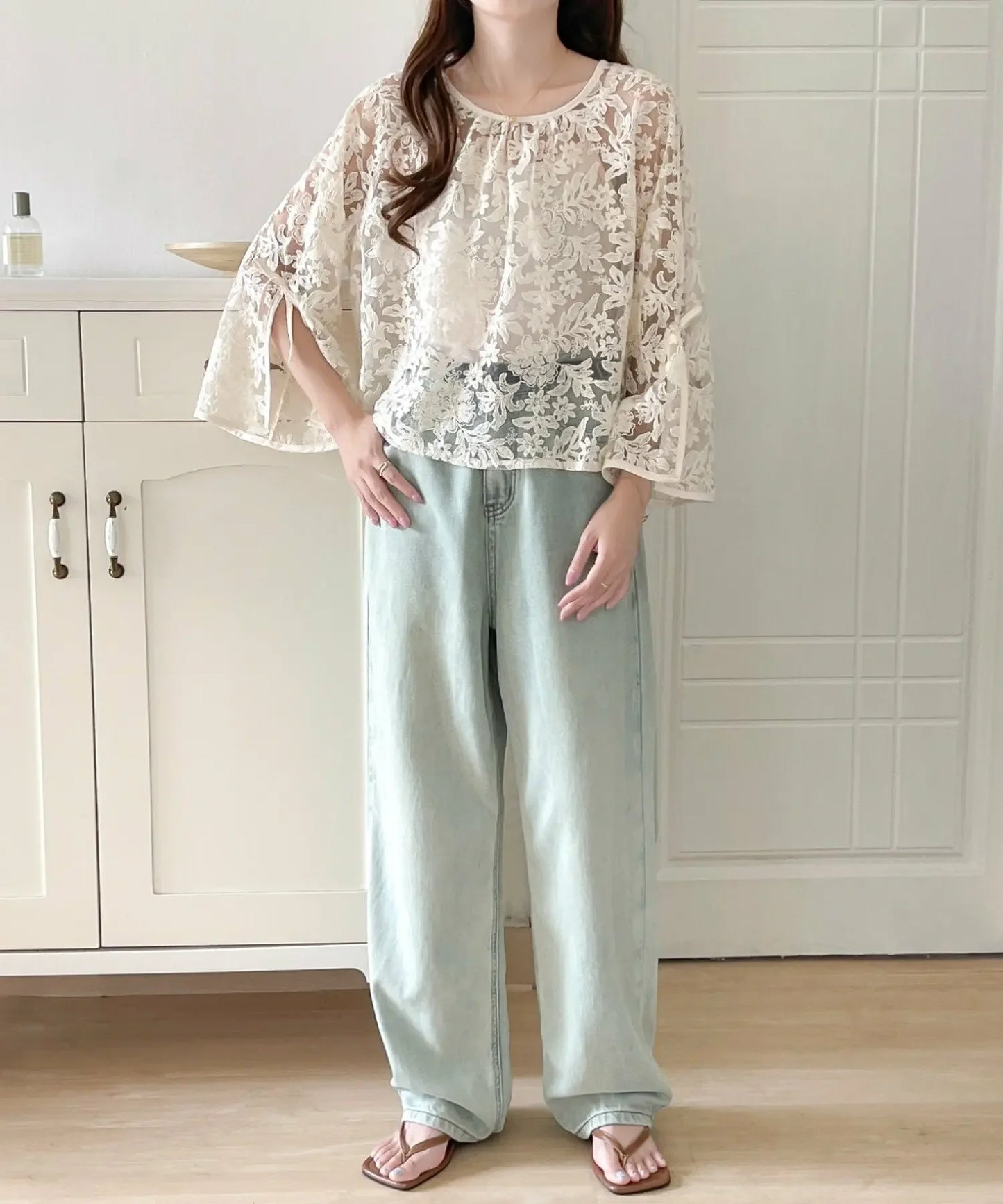 Round Neck Lace Shirt Women's Summer Floral Print Tie Dotted Cotton Blend Full Sleeve Slim Fit Button up Top