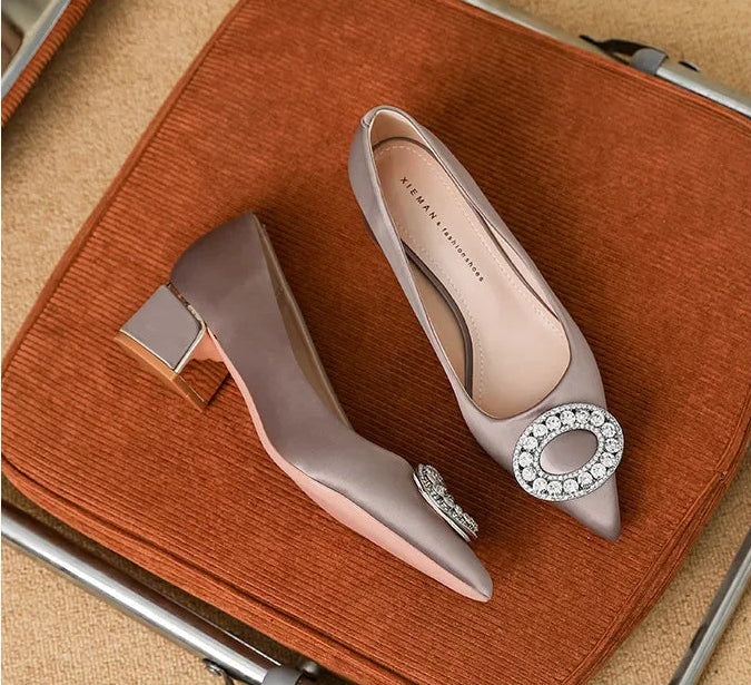 Soft Leather Black Pointed Toe Work Shoes Spring Autumn New Style Comfortable Thick Heel Professional Soft Bottom Shoes
