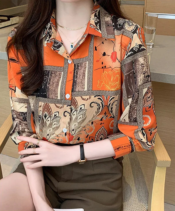 Slim Floral Long-sleeved Shirt Loose Printed Top for Women