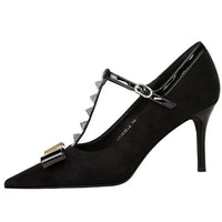 Banquet Bow Rivet T-button Pointed Head High Heel Women's Single Shoes