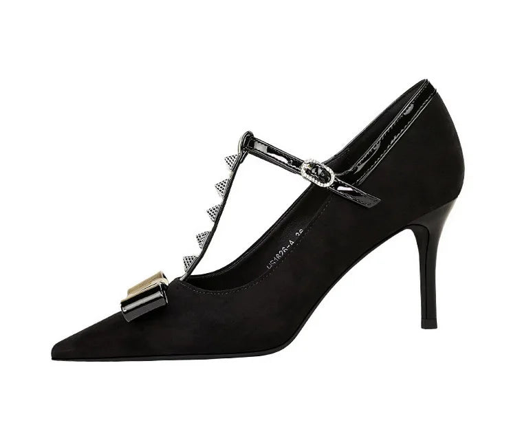 Banquet Bow Rivet T-button Pointed Head High Heel Women's Single Shoes