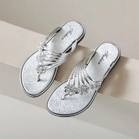 Women's Flat Sandals Summer Outdoor Beach Shoes Silver Clip Board Slippers with Three Flowers And Sequins PVC Material - Natalia Home Fashion